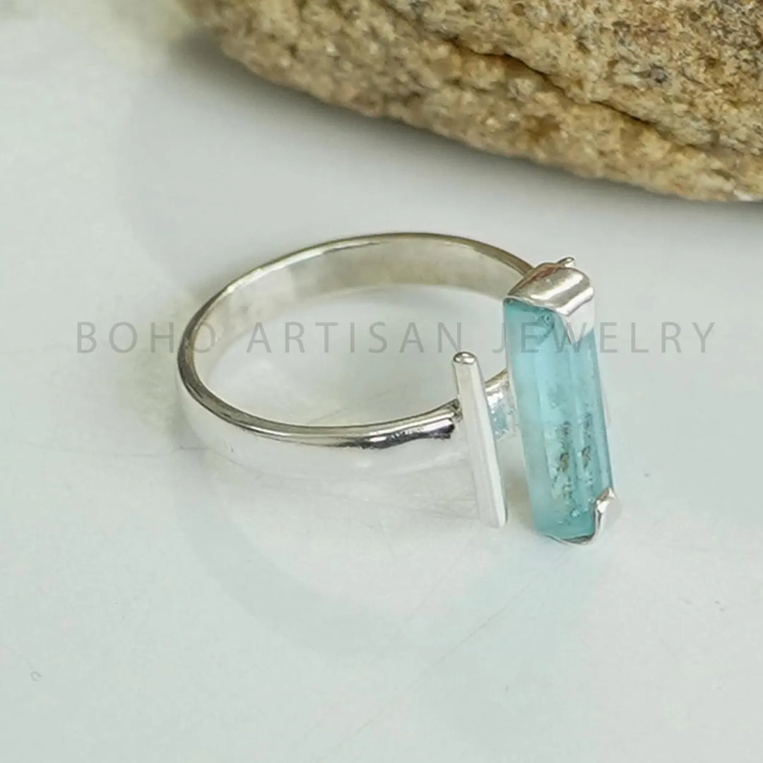 Raw Aquamarine Bar Ring: Sterling Silver Stackable Jewelry