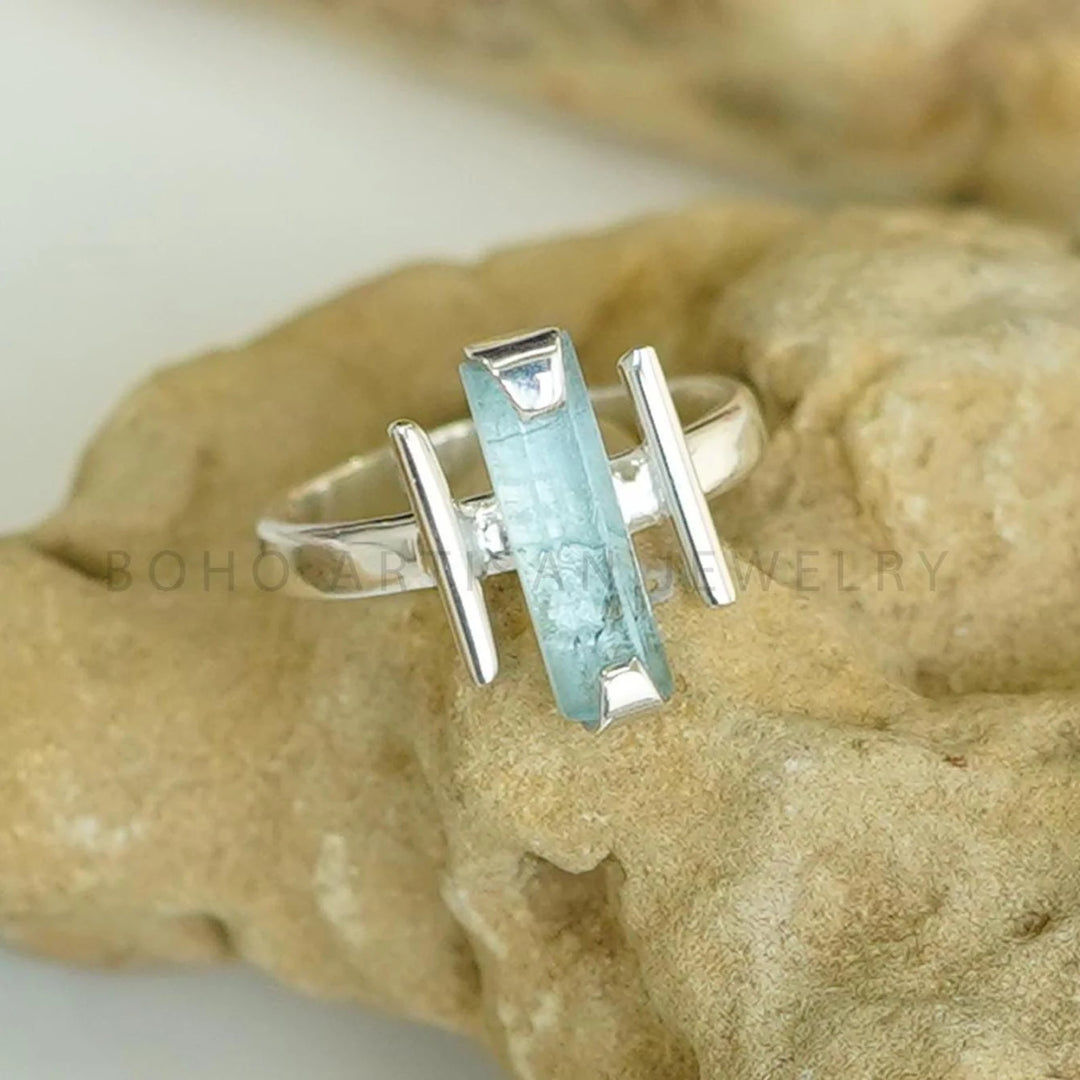Raw Aquamarine Bar Ring: Sterling Silver Stackable Jewelry