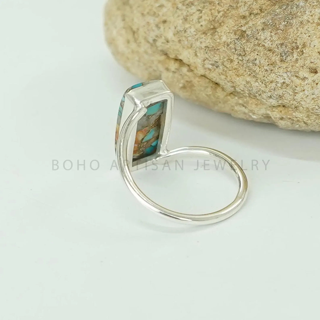 Copper Turquoise Sterling Silver Ring: Twisted Band, Boho Jewelry
