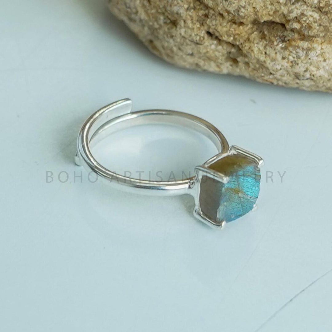 Raw Labradorite Sterling Silver Ring: Adjustable Boho Crystal Jewelry