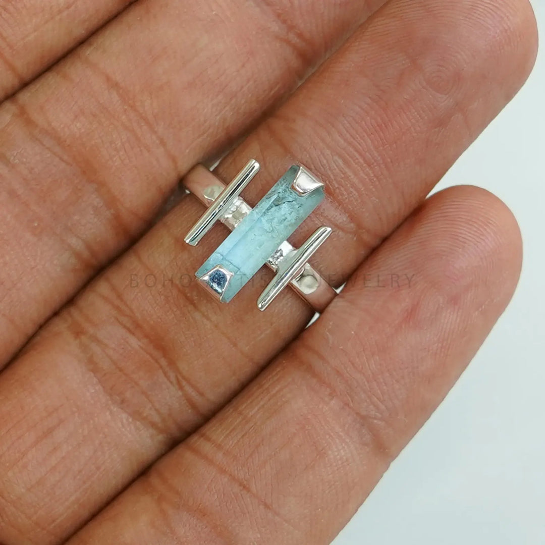 Raw Aquamarine Bar Ring: Sterling Silver Stackable Jewelry