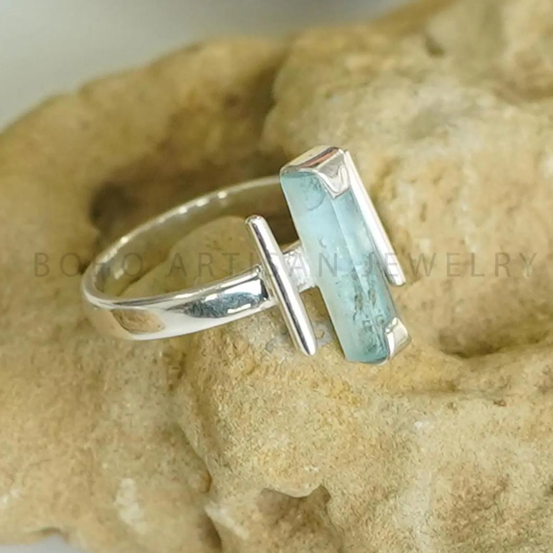 Raw Aquamarine Bar Ring: Sterling Silver Stackable Jewelry