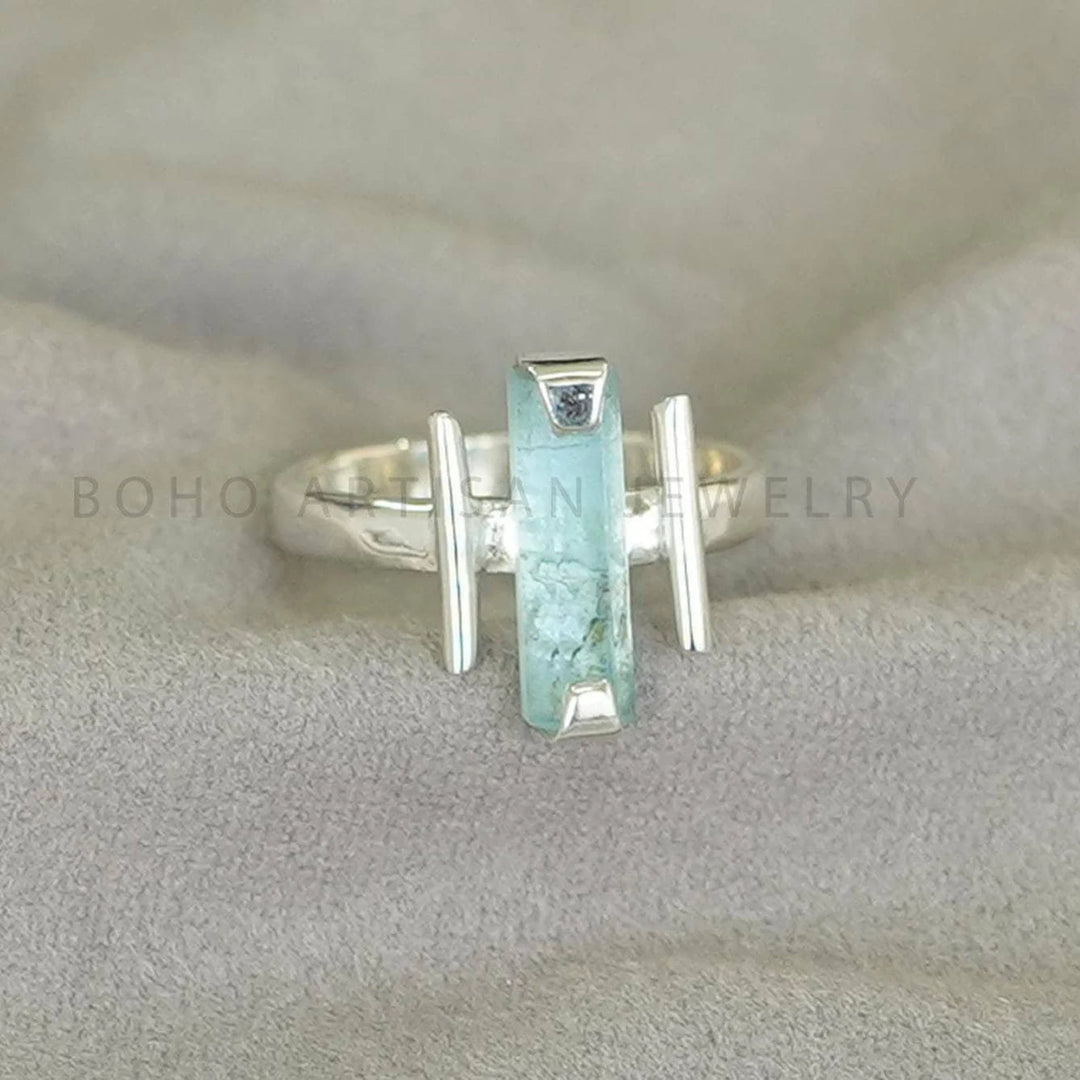 Raw Aquamarine Bar Ring: Sterling Silver Stackable Jewelry