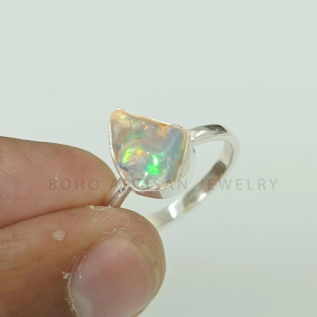 Raw Ethiopian Opal Ring: Sterling Silver Boho Jewelry