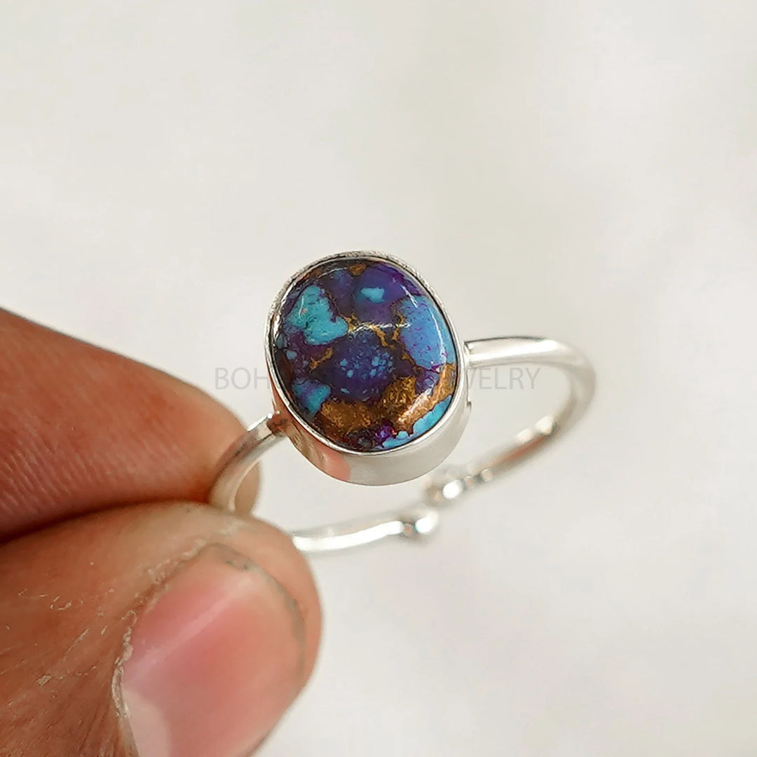 Handmade Sterling Silver Purple Copper Turquoise Ring: Adjustable Boho Jewelry