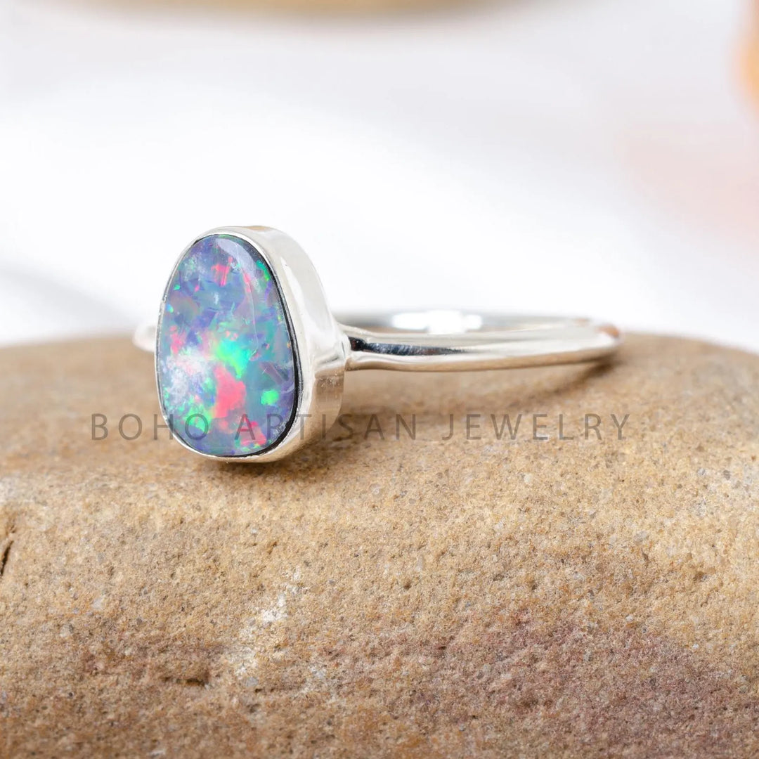 Australian Opal Ring, Polished Rough Opal Ring, October Birthday Gift, Raw Stone Jewelry, Ring For Women, Engagement Ring, Christmas Gift