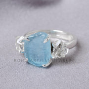 Raw Aquamarine Herkimer Diamond Ring: Sterling Silver Boho Jewelry