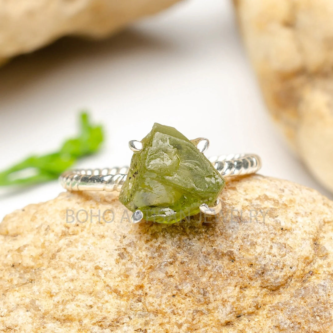 Raw Peridot Ring: Twisted Sterling Silver Band, August Birthstone