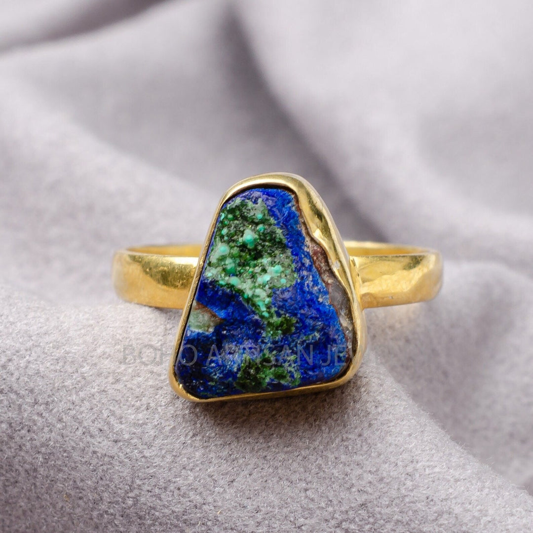 Raw Azurite Malachite Ring: 14K Gold Band, Handmade Boho Jewelry