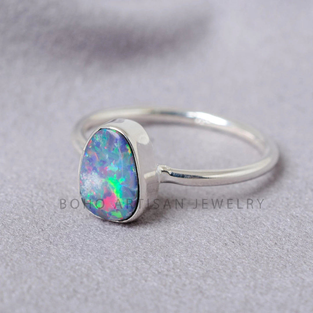 Australian Opal Ring, Polished Rough Opal Ring, October Birthday Gift, Raw Stone Jewelry, Ring For Women, Engagement Ring, Christmas Gift