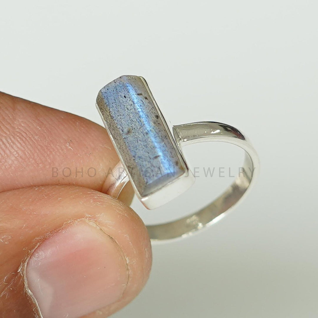 Raw Labradorite Sterling Silver Ring: Handmade Boho Jewelry
