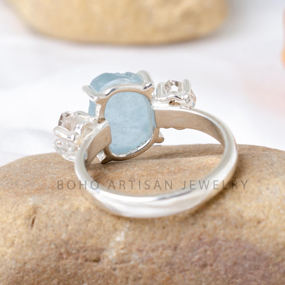 Raw Aquamarine Herkimer Diamond Ring: Sterling Silver Boho Jewelry