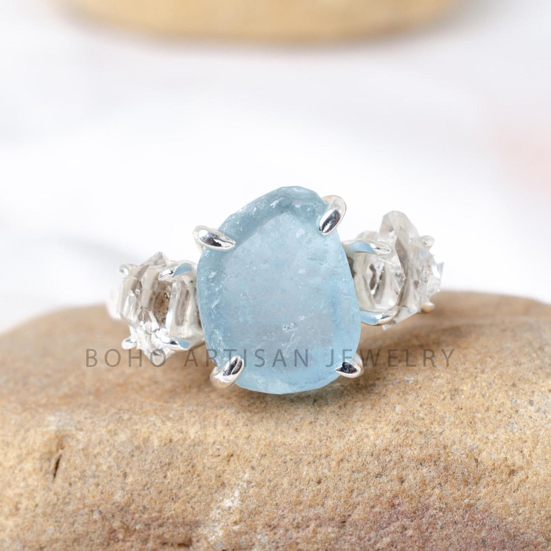 Raw Aquamarine Herkimer Diamond Ring: Sterling Silver Boho Jewelry