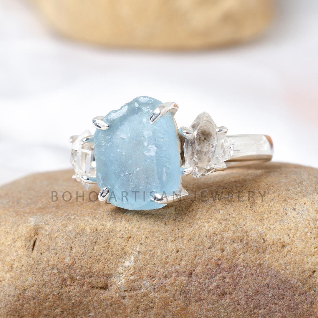 Raw Aquamarine Herkimer Diamond Ring: Sterling Silver Boho Jewelry