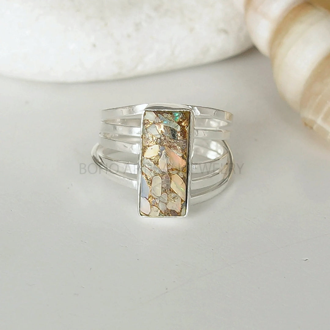 Raw Australian Opal Ring: Sterling Silver Spiral Band, Boho Jewelry