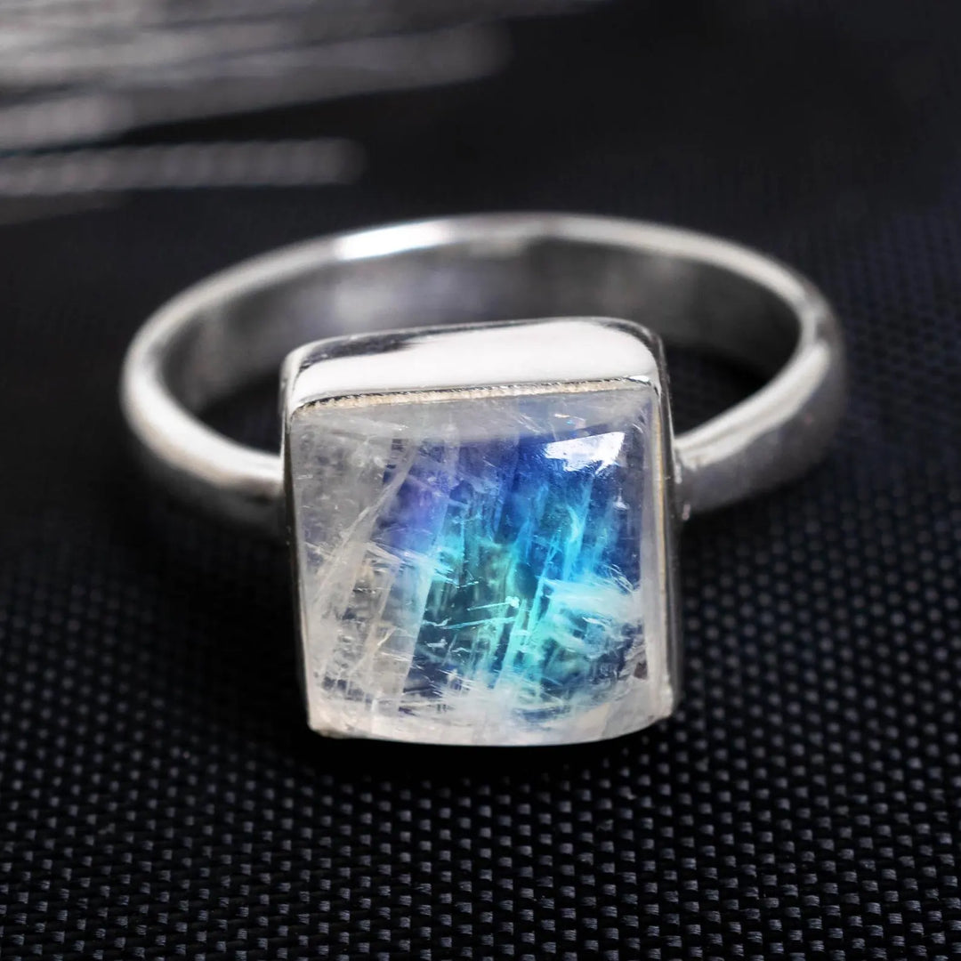 Rainbow Moonstone Ring: Handmade Sterling Silver Boho Jewelry