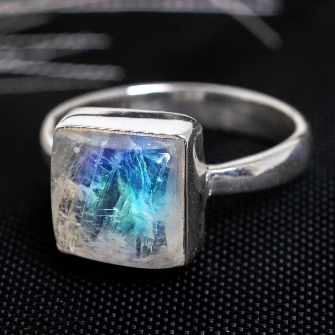 Rainbow Moonstone Ring: Handmade Sterling Silver Boho Jewelry