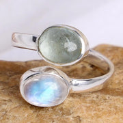 Moonstone Aquamarine Ring: Sterling Silver Toi et Moi Birthstone Jewelry