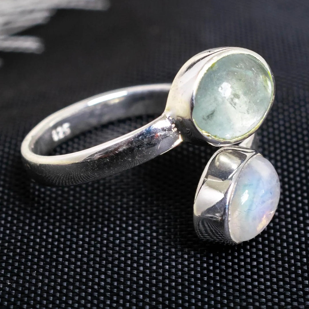 Moonstone Aquamarine Ring: Sterling Silver Toi et Moi Birthstone Jewelry