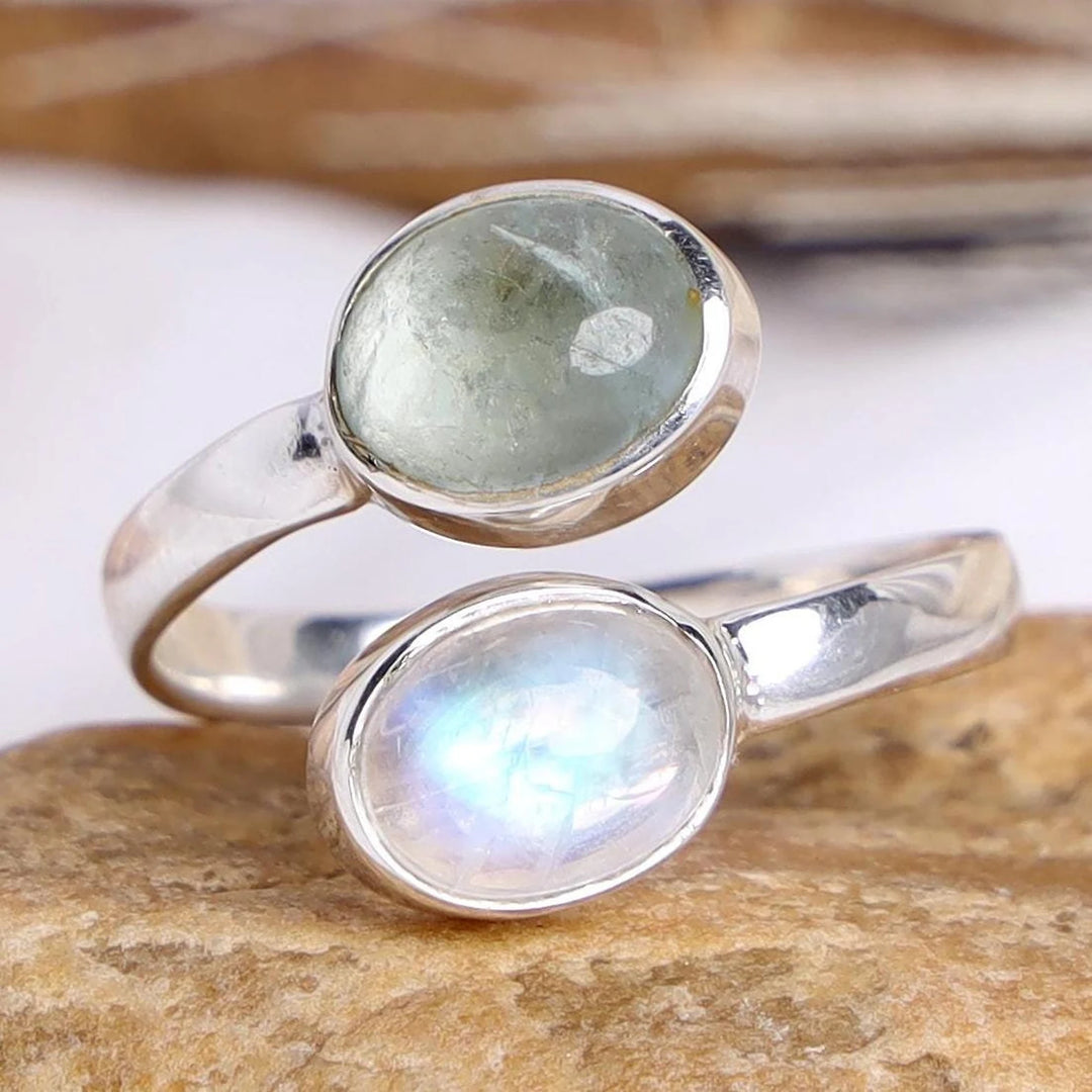 Moonstone Aquamarine Ring: Sterling Silver Toi et Moi Birthstone Jewelry