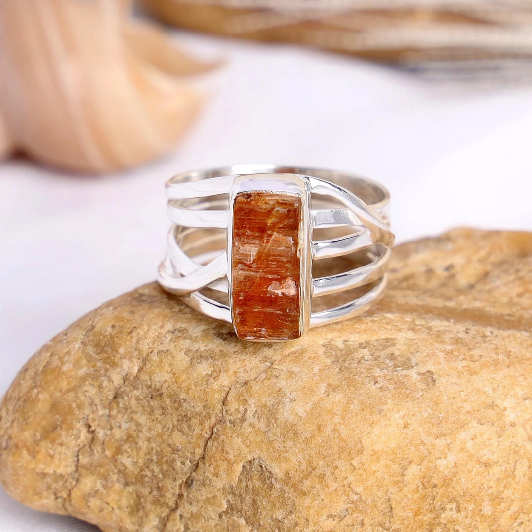 Raw Orange Kyanite Ring: Sterling Silver Spiral Band, Boho Jewelry