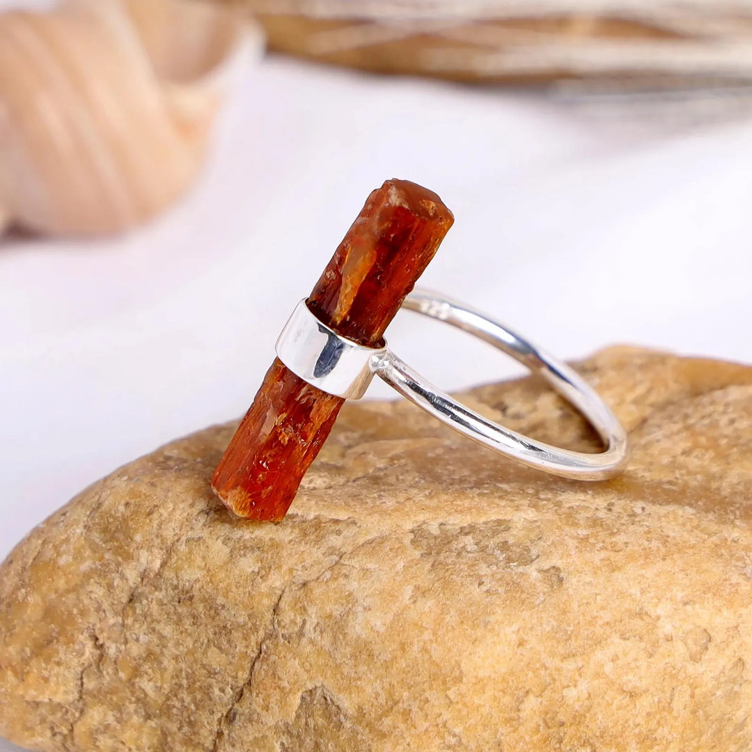Raw Orange Kyanite Ring: Handmade 925 Sterling Silver Stick Bar Ring