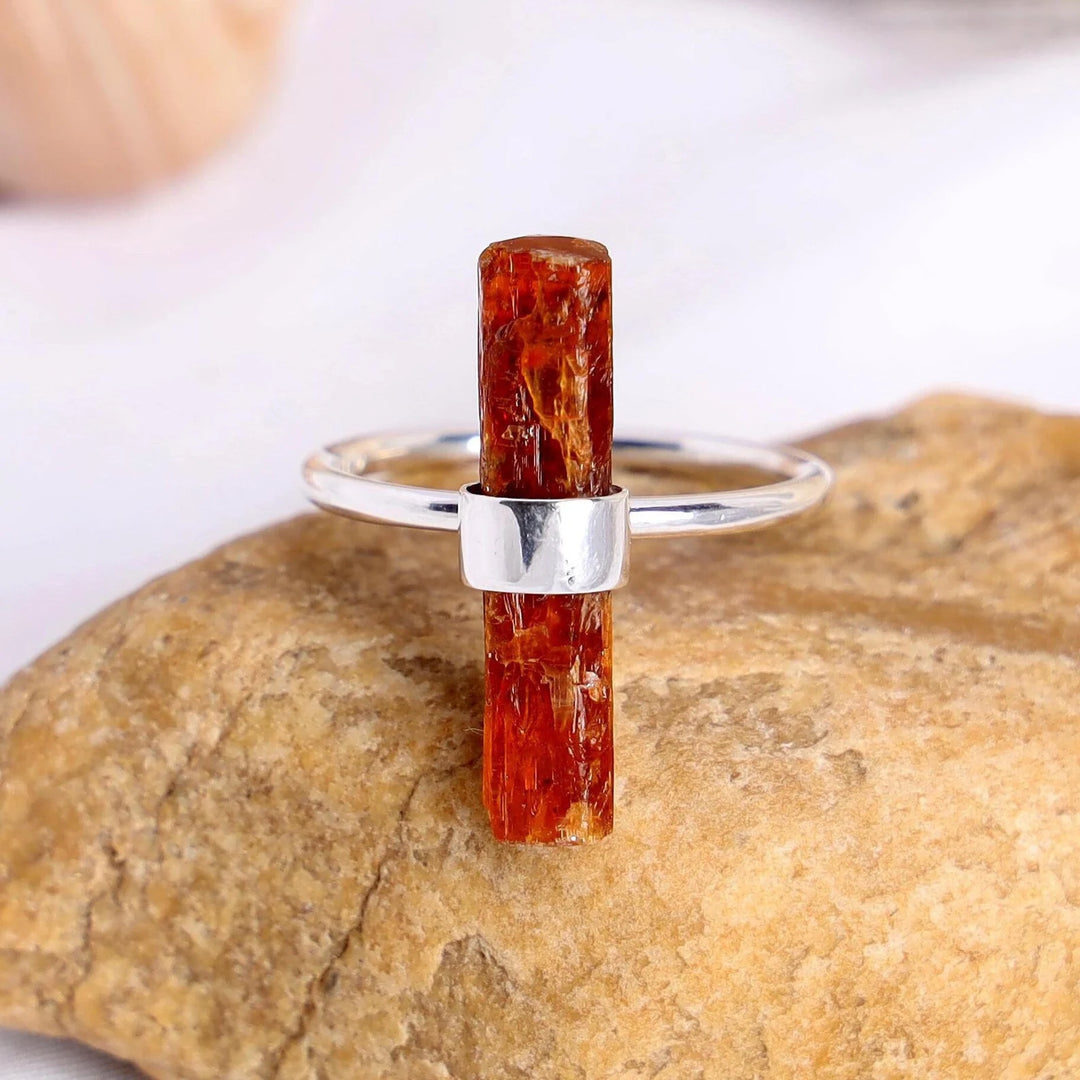Raw Orange Kyanite Ring: Handmade 925 Sterling Silver Stick Bar Ring