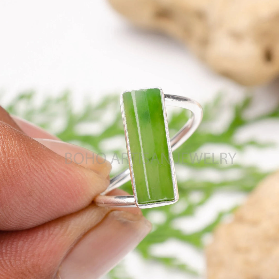 Raw Green Jade Bar Ring: Twisted Sterling Silver Band, August Birthstone