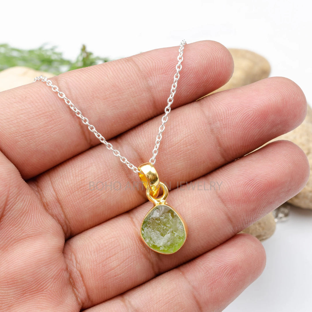 Raw Peridot Pendant: 14k Gold Plated Sterling Silver Necklace