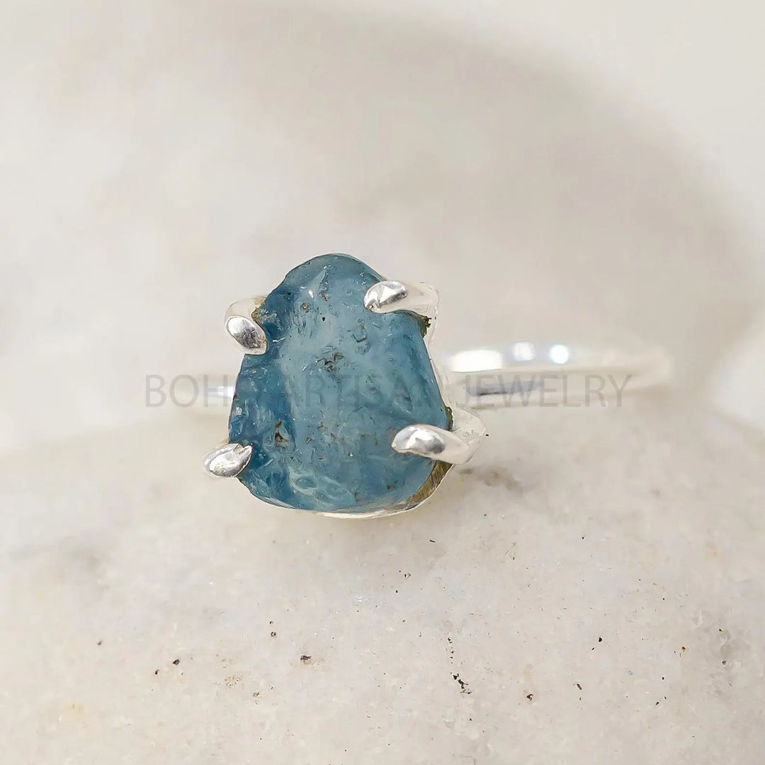 Raw Aquamarine Ring: Sterling Silver, Uncut Gemstone, March Birthstone