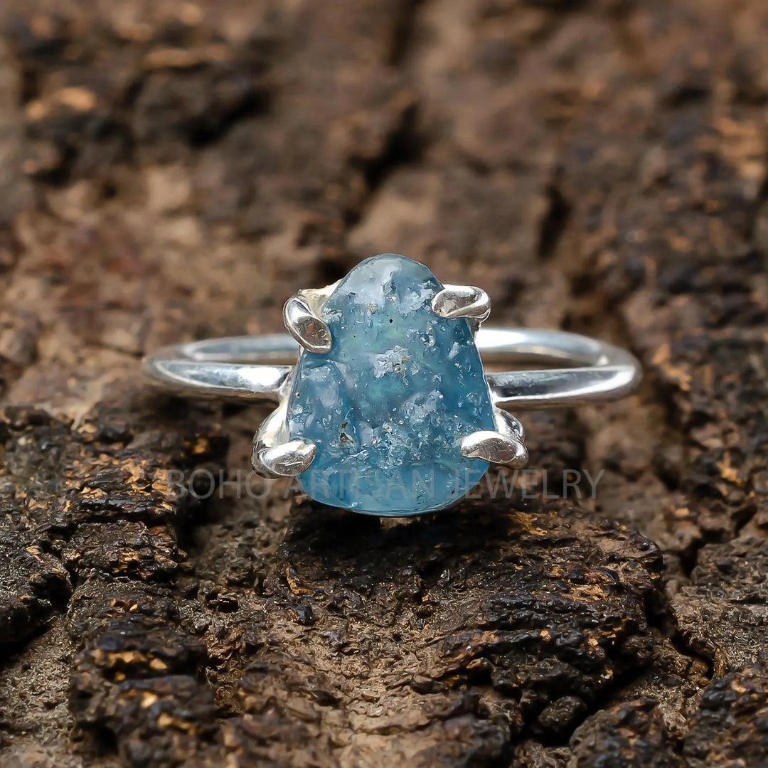 Raw Aquamarine Ring: Sterling Silver, Uncut Gemstone, March Birthstone