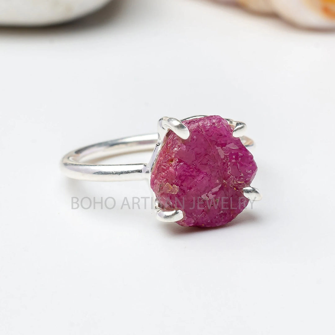 Raw Ruby Hexagon Ring: Sterling Silver Boho Crystal Jewelry