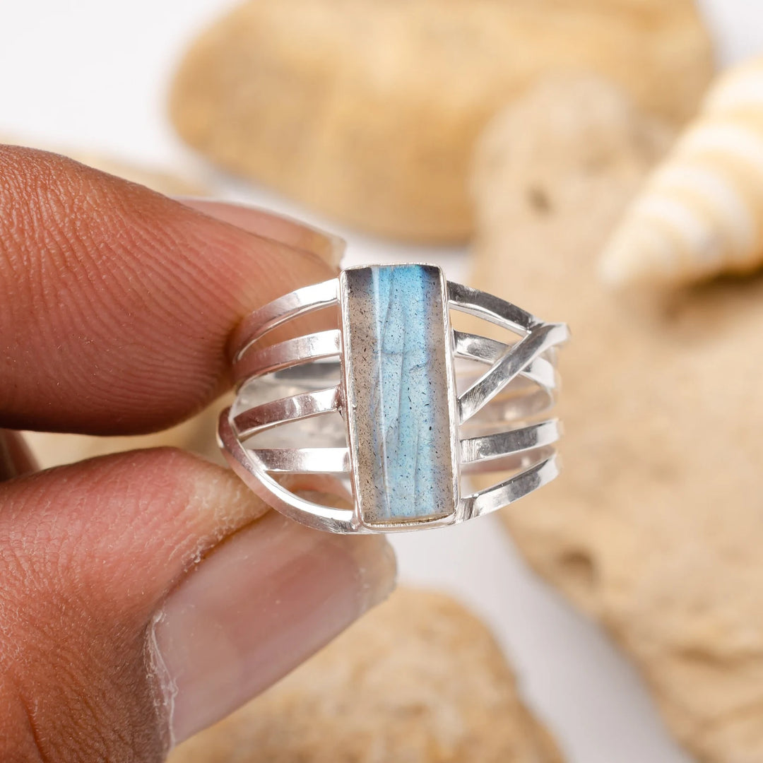 Raw Labradorite Sterling Silver Ring: Boho Healing Crystal Jewelry