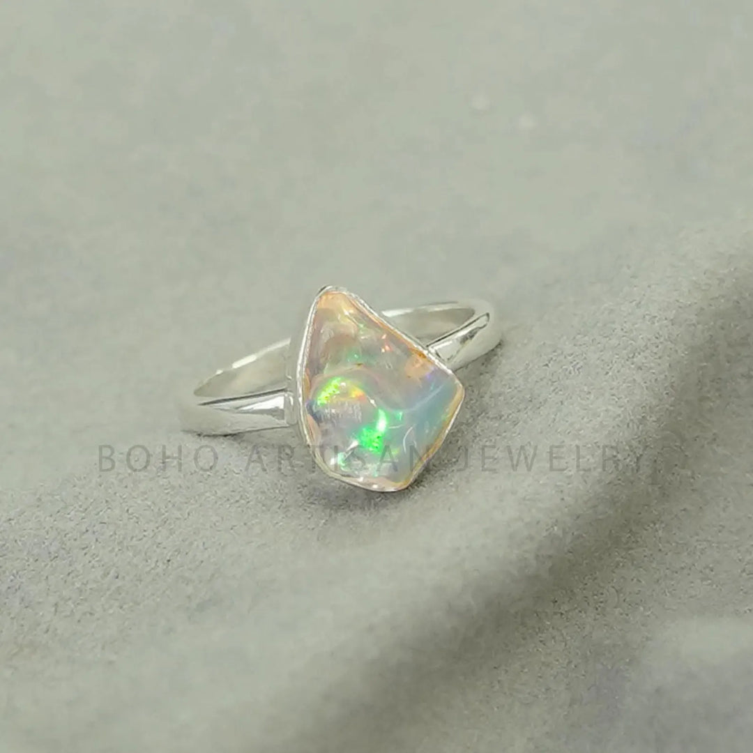 Raw Ethiopian Opal Ring: Sterling Silver Boho Jewelry