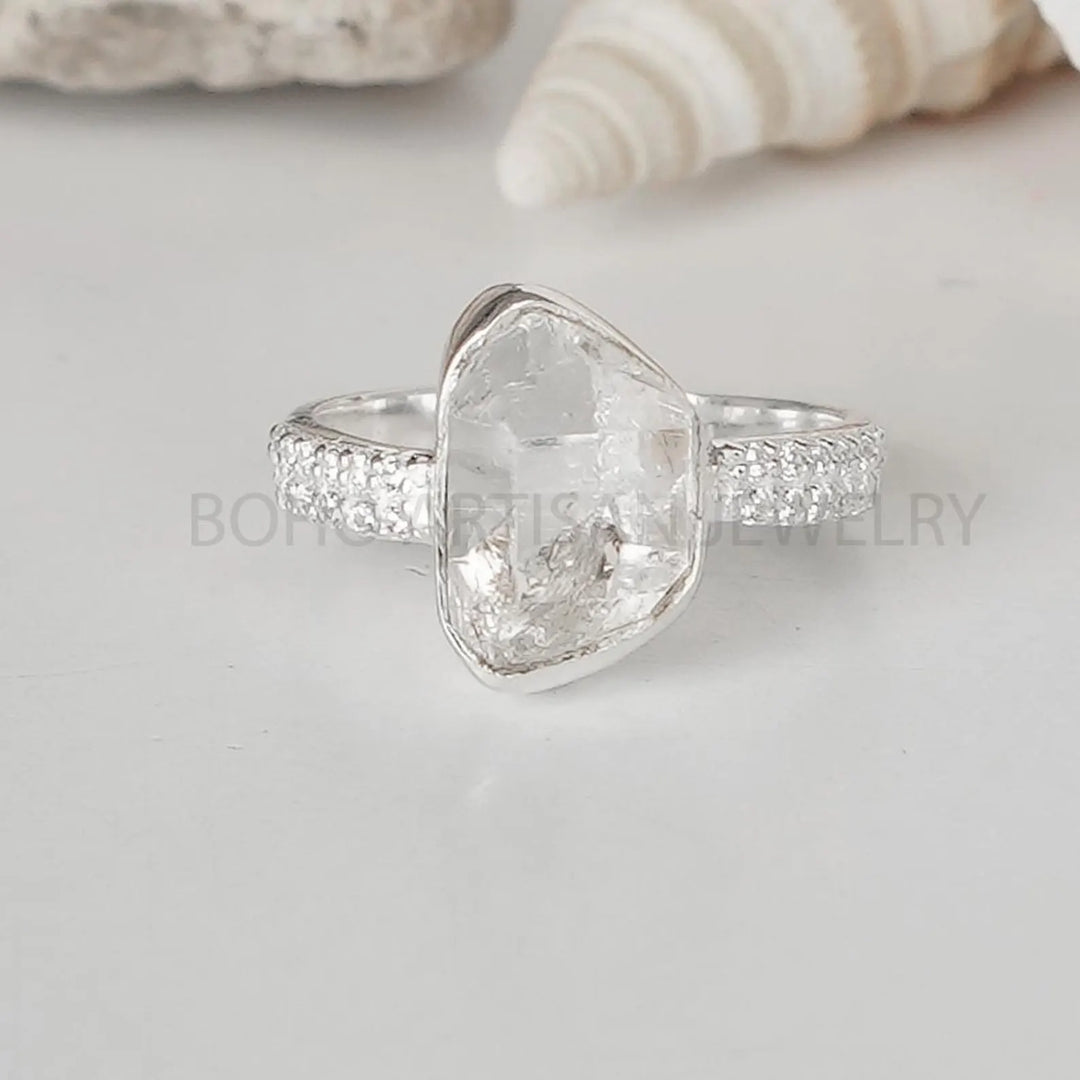 Rainbow Moonstone CZ Ring: Handmade Sterling Silver Boho Jewelry