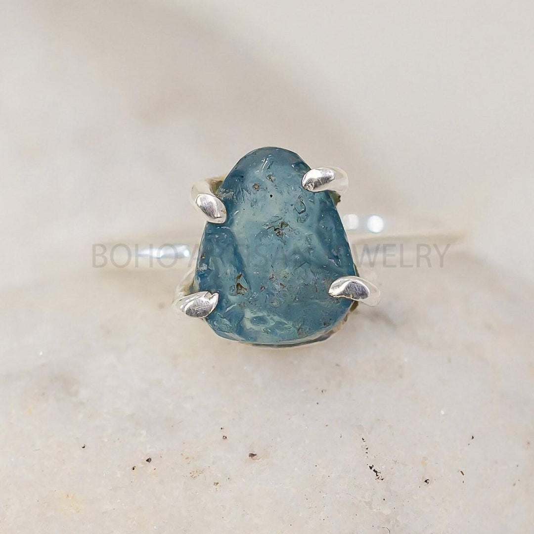 Raw Aquamarine Ring: Sterling Silver, Uncut Gemstone, March Birthstone