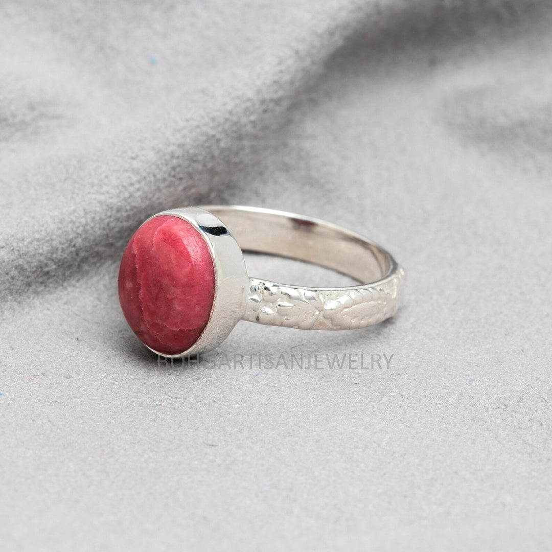 Floral Sterling Silver Thulite Ring: Handmade Boho Jewelry