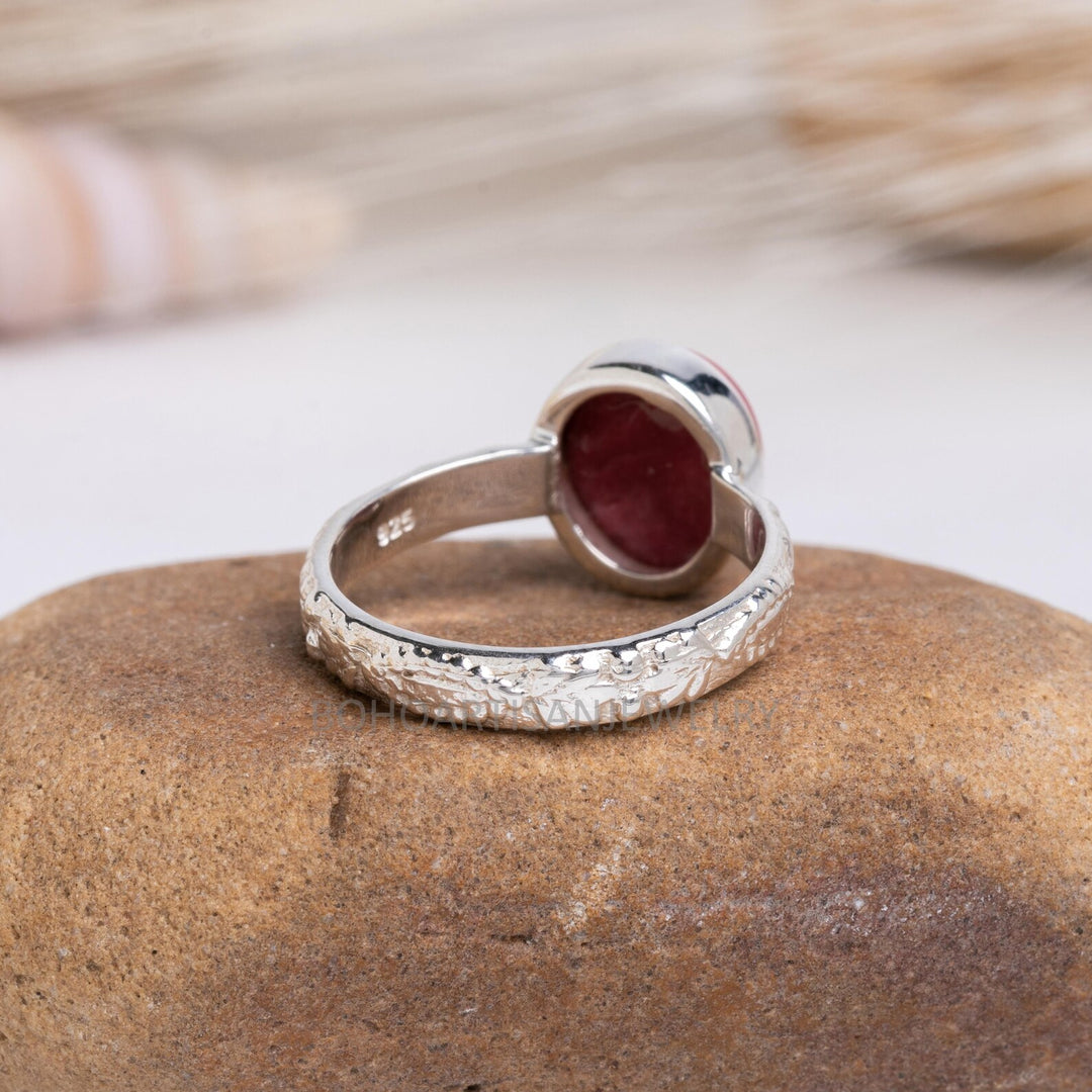 Floral Sterling Silver Thulite Ring: Handmade Boho Jewelry