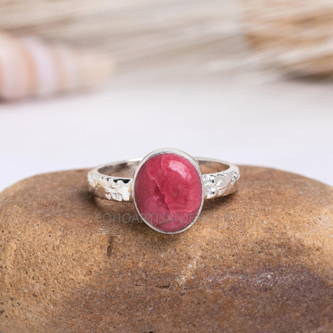 Floral Sterling Silver Thulite Ring: Handmade Boho Jewelry