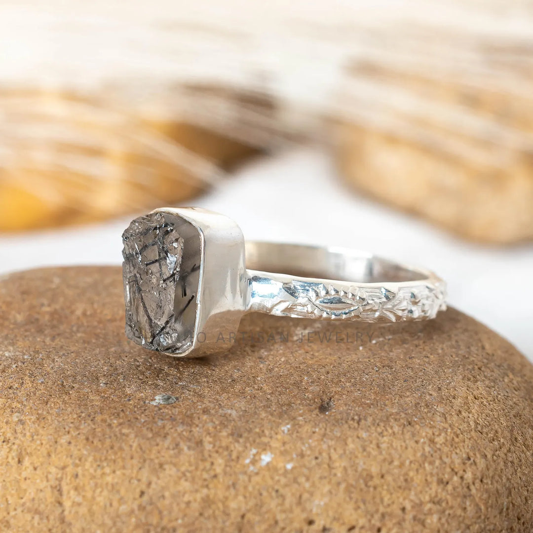 Black Rutile Gemstone Floral Anniversary Handmade Ring 925 Sterling Silver Black Quartz Engagement Solitaire Women's Promise Birthday Gift