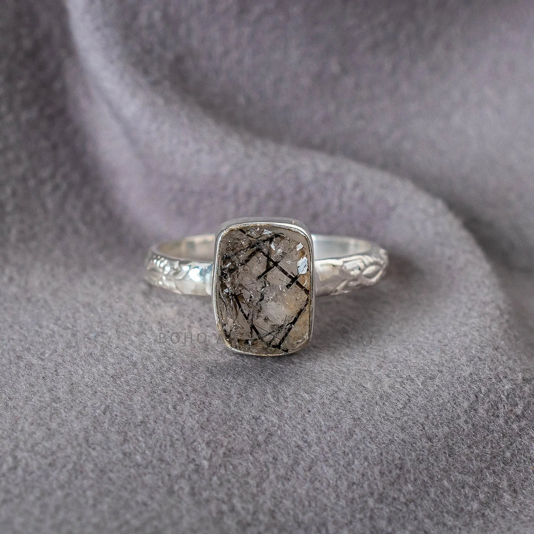 Black Rutile Gemstone Floral Anniversary Handmade Ring 925 Sterling Silver Black Quartz Engagement Solitaire Women's Promise Birthday Gift