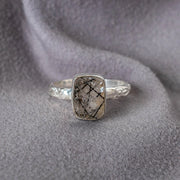 Black Rutile Gemstone Floral Anniversary Handmade Ring 925 Sterling Silver Black Quartz Engagement Solitaire Women's Promise Birthday Gift