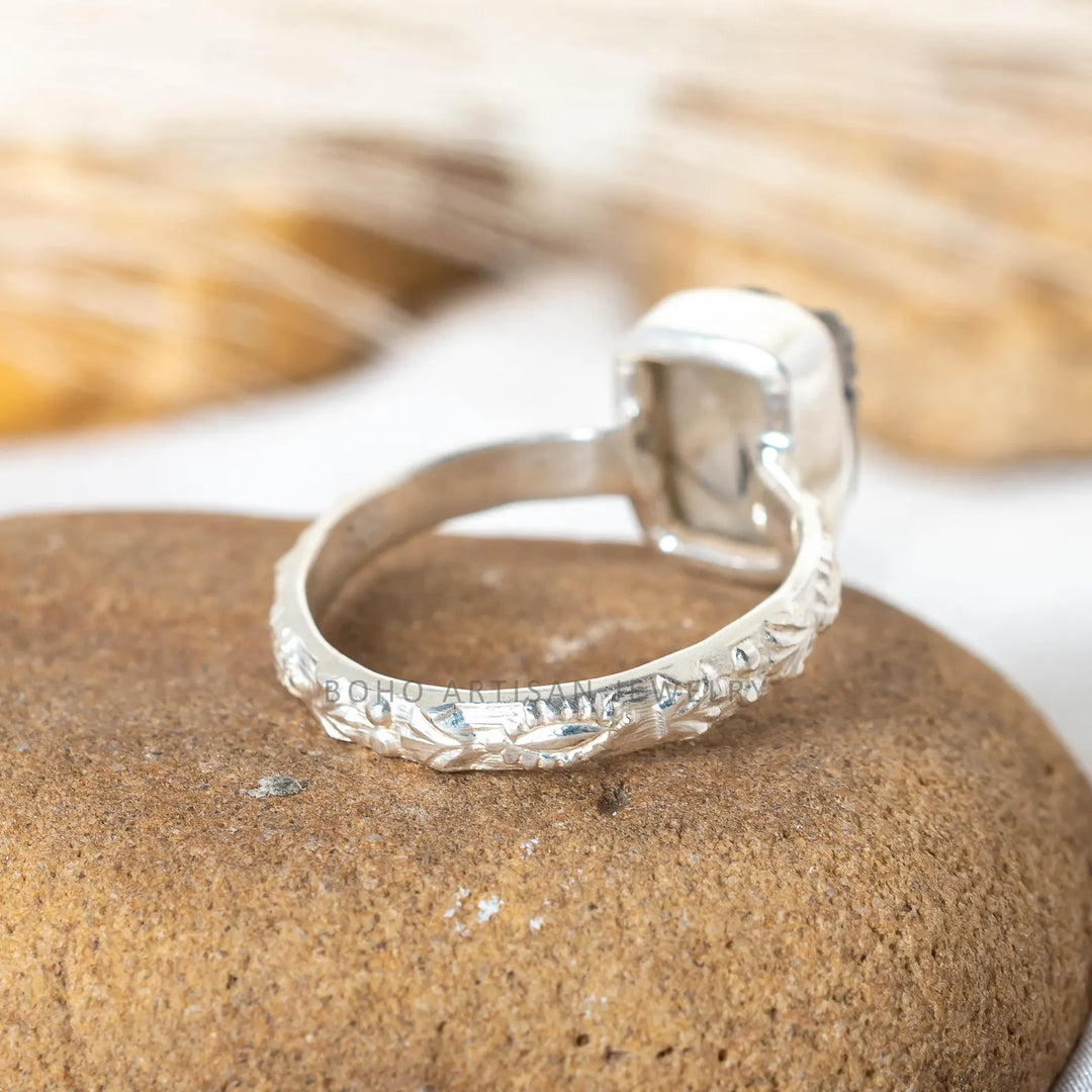 Black Rutile Gemstone Floral Anniversary Handmade Ring 925 Sterling Silver Black Quartz Engagement Solitaire Women's Promise Birthday Gift