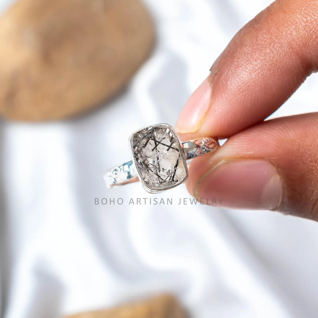 Black Rutile Gemstone Floral Anniversary Handmade Ring 925 Sterling Silver Black Quartz Engagement Solitaire Women's Promise Birthday Gift