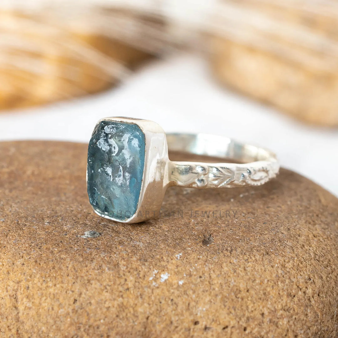 Raw Aquamarine Ring: Floral Sterling Silver, March Birthstone
