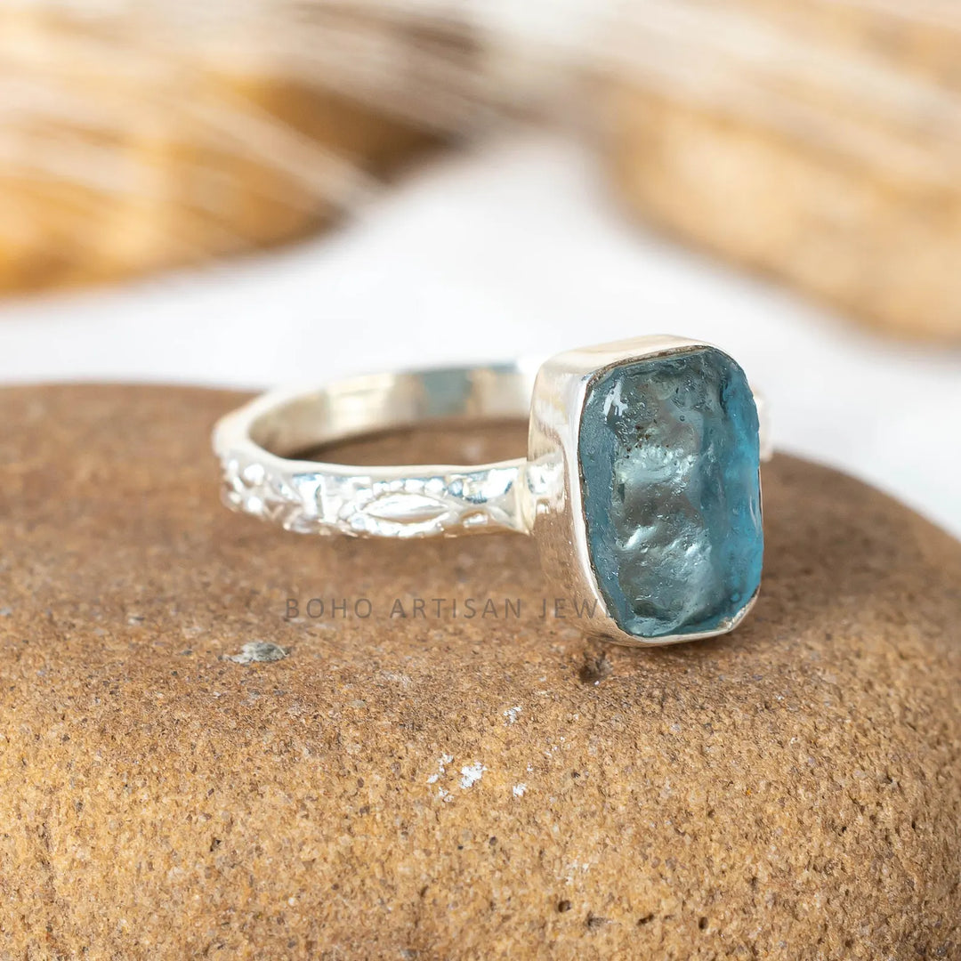 Raw Aquamarine Ring: Floral Sterling Silver, March Birthstone