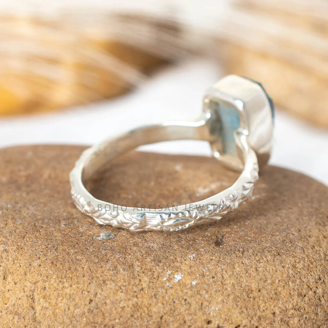 Raw Aquamarine Ring: Floral Sterling Silver, March Birthstone