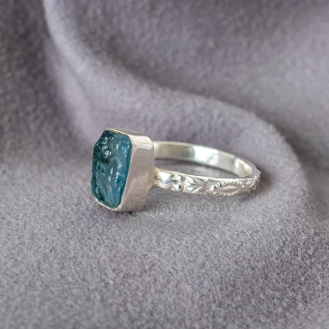 Raw Aquamarine Ring: Floral Sterling Silver, March Birthstone