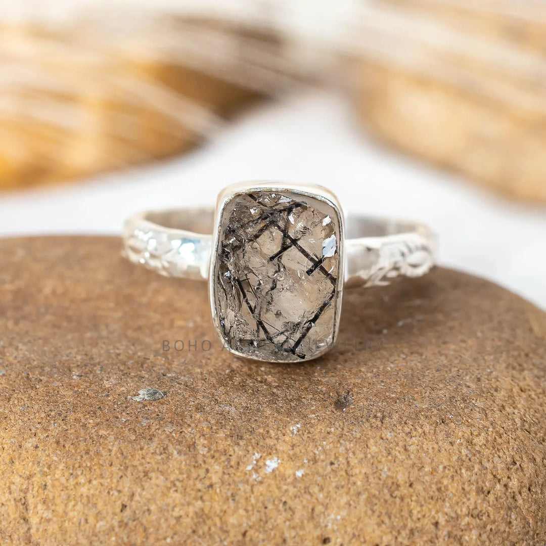 Black Rutile Gemstone Floral Anniversary Handmade Ring 925 Sterling Silver Black Quartz Engagement Solitaire Women's Promise Birthday Gift