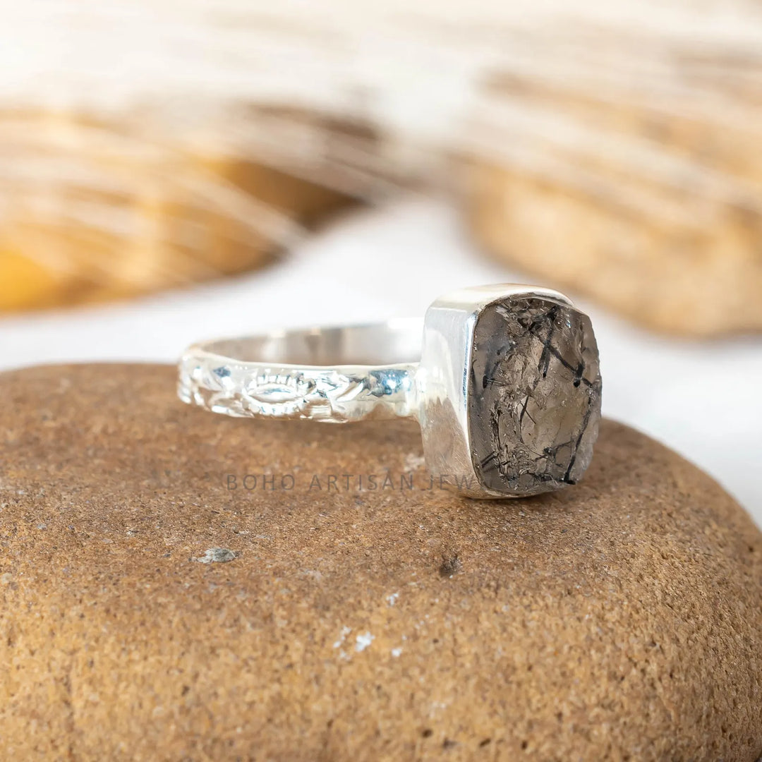 Black Rutile Gemstone Floral Anniversary Handmade Ring 925 Sterling Silver Black Quartz Engagement Solitaire Women's Promise Birthday Gift